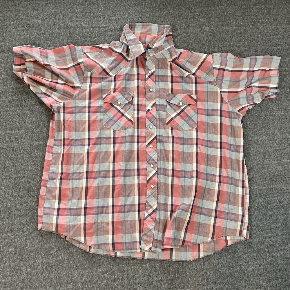 Vintage Wrangler Shirt Mens 2XB Big Western Plaid Rodeo Cowboy Pearl Snap Salmon